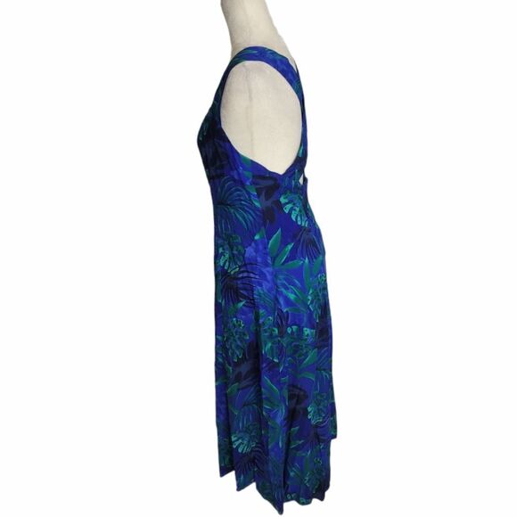 VINTAGE 90s dress blue tropical print criss cross back midi M - Picture 3 of 8